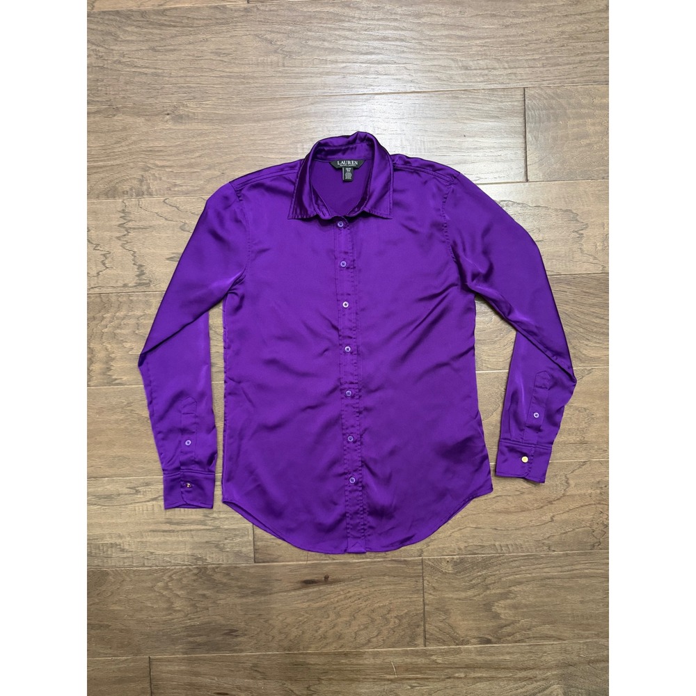 Lauren Ralph Lauren Shirt Womens XS Purple Recycled Polyester Satin Button Down
